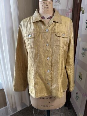 Chico’s Size 3 Gold Crinkle Metallic Blouse Jacket Button Front Shimmer Top